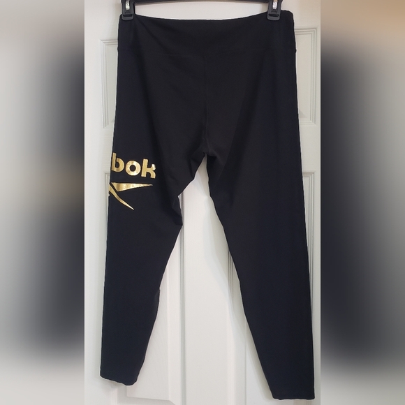 Reebok Women's Black Leggings with Metallic Gold Logo, Size Large - Picture 2 of 11